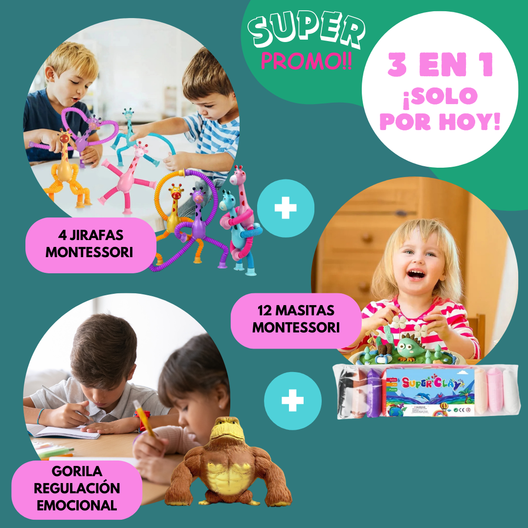 Potencia su inteligencia con el Montessori Sensory Kit™ 🧠  4 Jirafas Sensoriales + 12 masitas + Gorila antiestres 🎁